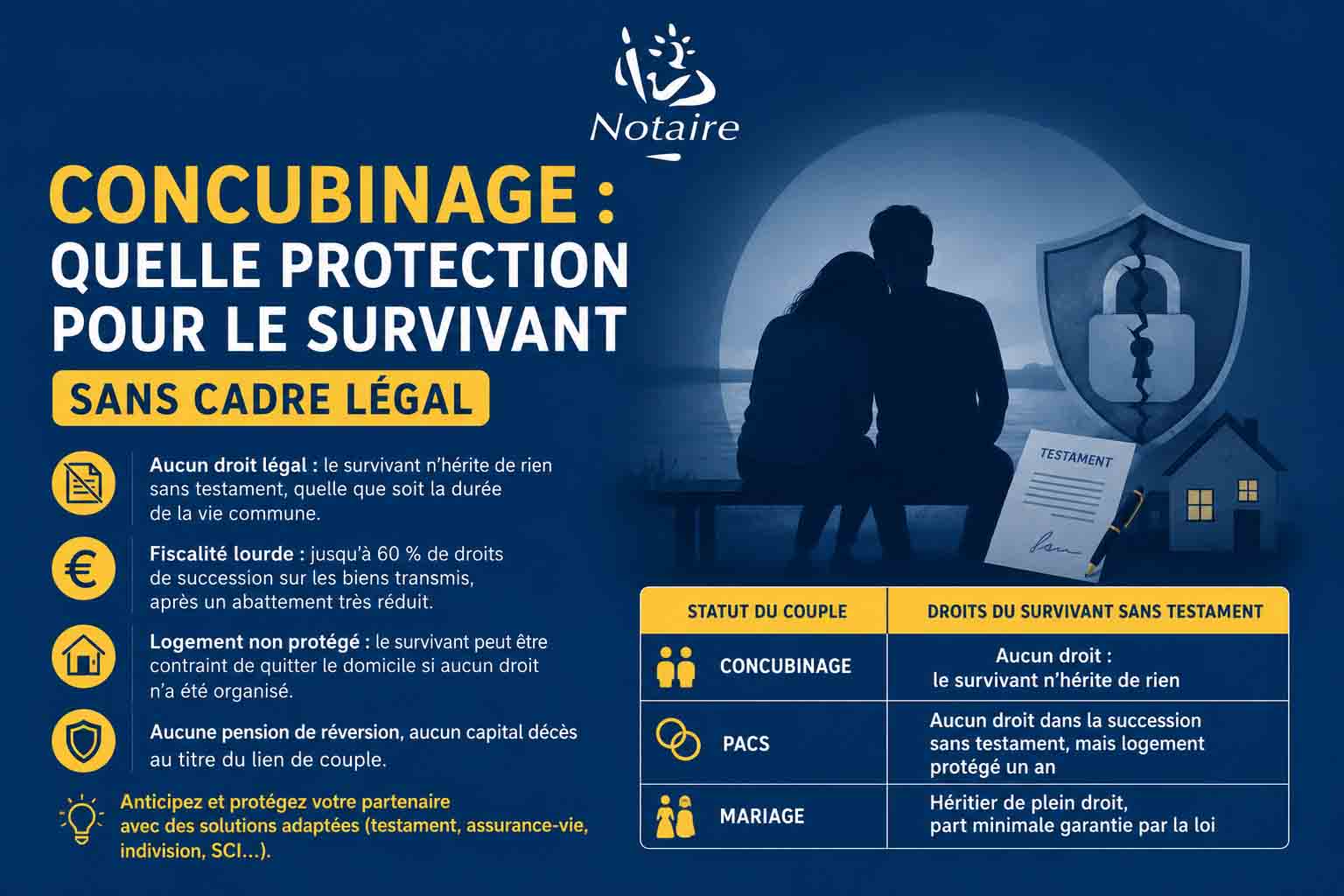 Infographie protection juridique du concubin survivant sans testament, droits et risques financiers