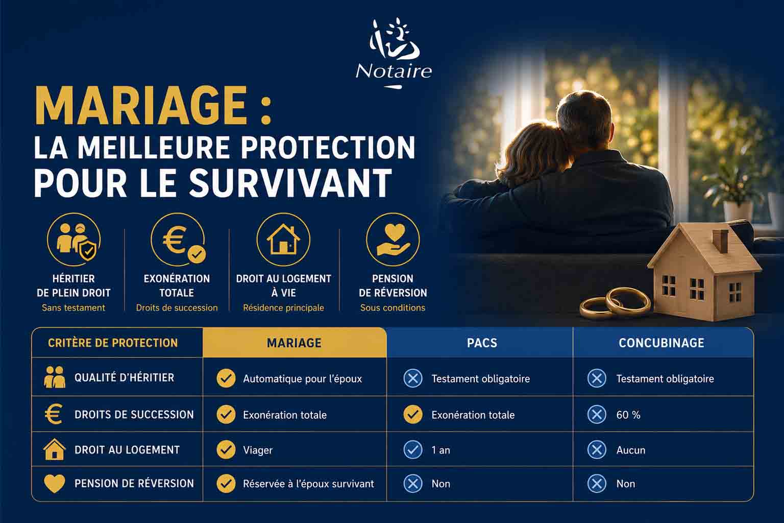 Infographie comparant protections légales du survivant selon mariage, PACS ou concubinage