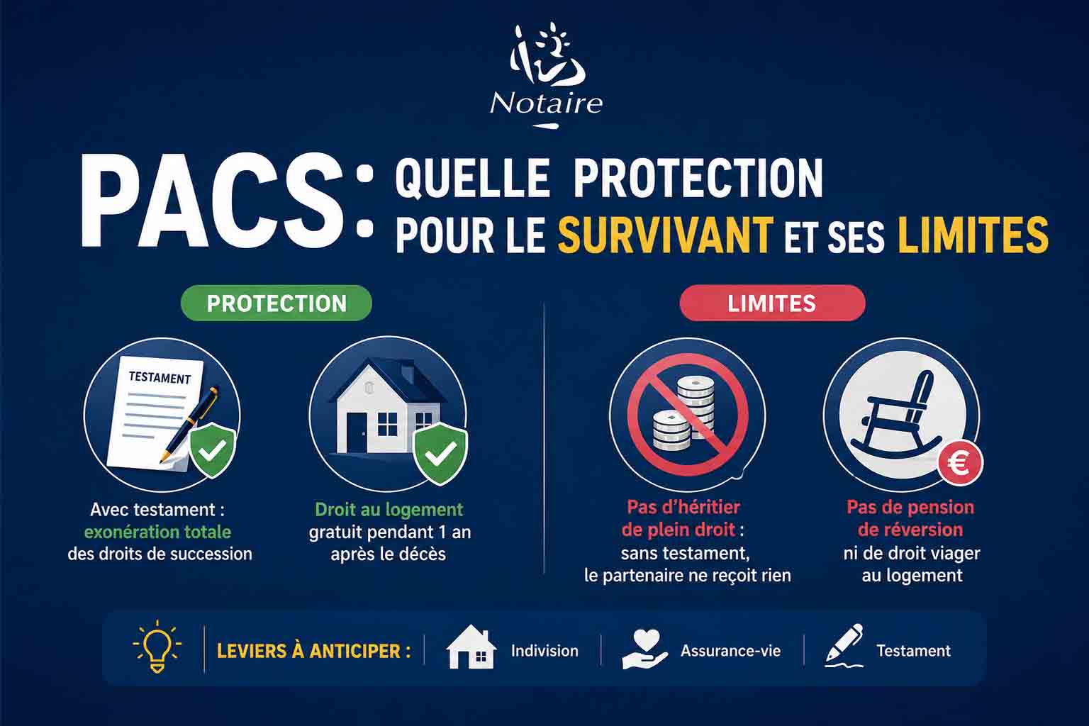 Infographie comparant protections et limites du PACS pour le survivant avec testament, logement et succession